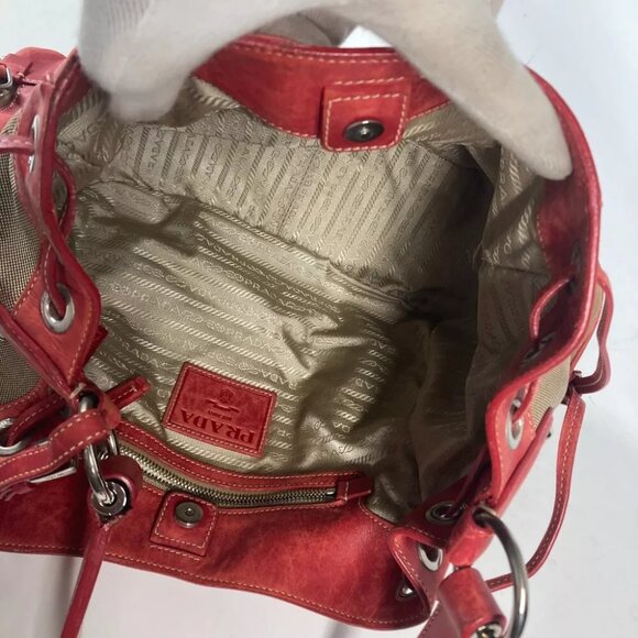 PRADA Bucket type Logo drawstring bag Shoulder Bag Leather/Canvas Beige/Red - Picture 15 of 16